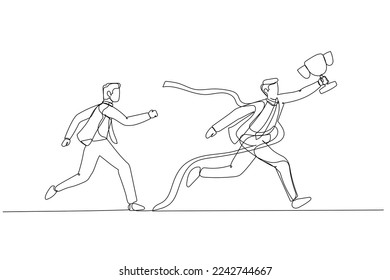 Drawing of businessman get to the finish line winning fierce competition. Continuous line art style