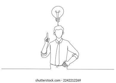 Drawing of businessman happy after got new idea. Single continuous line art style