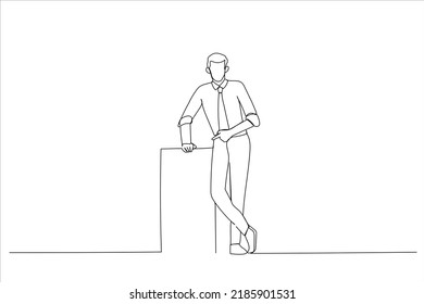Drawing of businessman holding blank poster. Single continuous line art
