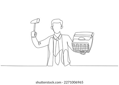 Drawing of businessman holding hammer ready to smash typewriter. Concept of deadline stress. Continuous line art style