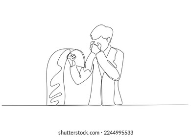 Drawing of businessman holding long list of bills stressed because of debt. Continuous line art