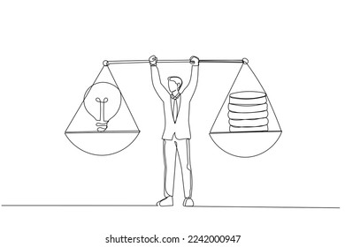 Drawing of businessman holding weights in his hands which is the money and idea. Continuous line art style
