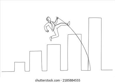 Drawing Of Businessman Jumping Pole Vault Over Growth Bar Graph. Business Growth, Improvement. Single Line Art Style
