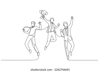 Drawing of businessman jumps in the air with trophy cup in the hand getting recognition. Single continuous line art