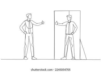 Drawing of businessman looking into mirror self giving thumb up concept of self love. Continuous line art style