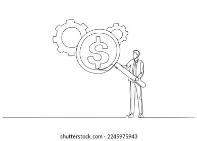 Drawing of businessman with magnifier showing dollar money reflection looking at gear cogwheel concept of cost efficient. Continuous line art style