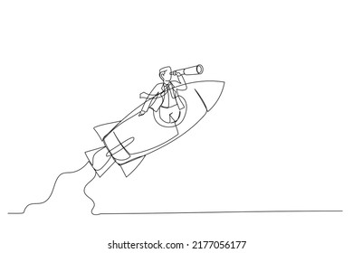 Drawing of businessman manager open rocket window using telescope looking forward. Entrepreneurship, leadership to see future vision. Single continuous line art
