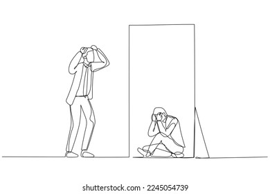 Drawing businessman panic look into mirror seeing depressed self  Single continuous line art style