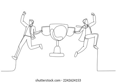 Drawing of businessman partner celebrate winning victory trophy concept of team success. Single continuous line art style