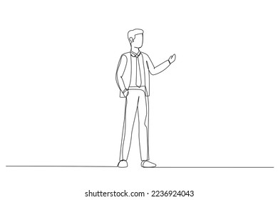 Drawing of businessman presenting something in the back with one hand in his pocket. Single continuous line art style
