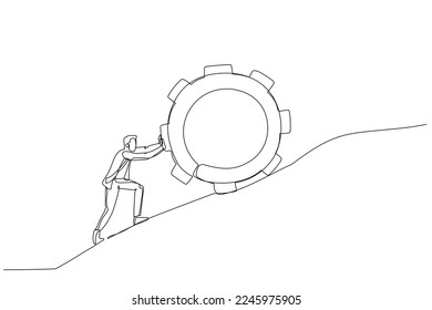 Drawing of businessman pushing gear to the top metaphor of persistence and hard work. Single continuous line art style