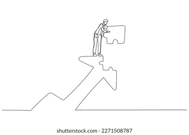 Drawing of businessman put last piece of jigsaw puzzle to complete rising up arrow. Concept of growth. Single continuous line art