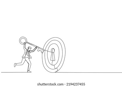 Obligar a un empresario a poner una enorme clave en el objetivo de los toros es un obstáculo para desbloquear el éxito empresarial. Metáfora de objetivo, KPI, logro. Arte de línea continua simple
