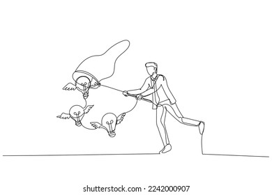 Dibujar a un empresario poniendo bombilla en un concepto de banco de cerdos de buena idea de negocios. Arte de línea continuo
