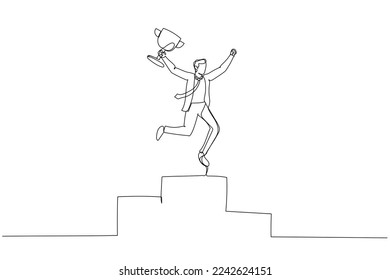 Drawing of businessman receive trophy on podium happy first winner. Continuous line art style