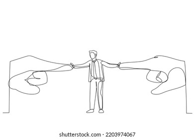 Drawing of businessman resisting pressure from two pointing giant hand. Single line art style
