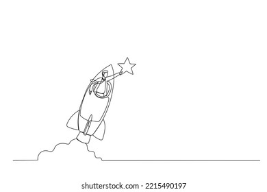 Drawing of businessman riding fast rocket to catch golden star. Metaphor for Innovation. Single continuous line art style
