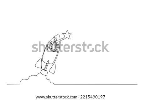 Drawing of businessman riding fast rocket to catch golden star. Metaphor for Innovation. Single continuous line art style
