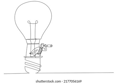 Drawing of businessman riding light bulb balloon using spyglass or telescope searching for vision. Search for new business opportunity, challenge or achievement concept. Single continuous line art
