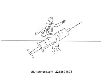 Drawing of businessman riding syringe moving fast. Concept of healthy. Single continuous line art style