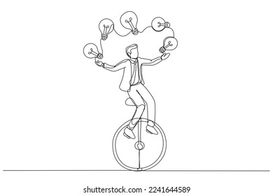 Drawing of businessman riding unicycle juggling lightbulb lamp. Plenty ideas. Single continuous line art style
