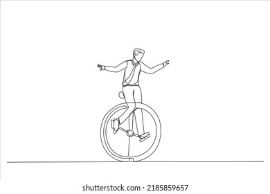 Drawing of businessman riding vintage clock bicycle. Time management or work life balance concept. Single line art style
