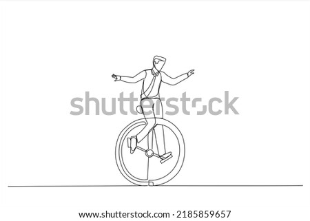 Drawing of businessman riding vintage clock bicycle. Time management or work life balance concept. Single line art style
