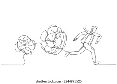 Drawing of businessman running away from tangled line ball concept of avoid problem. Single continuous line art style