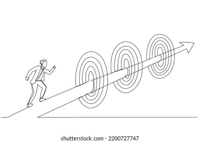 Drawing of businessman running on arrow way through targets. Metaphor for achievements or challenge to achieve targets and business goals. Single continuous line art
