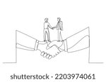 Drawing of businessman shaking hands and making deal standing on giant hand. Metaphor for small and big business. Single line art style
