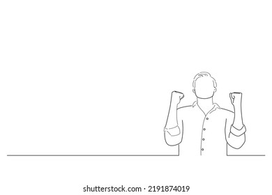 Drawing of businessman showing yoy, victory, celebration, trump and excitement clenching fists, feeling happy. Line art style
