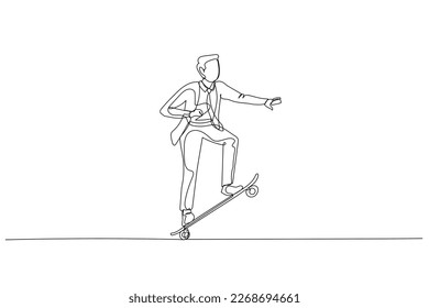 Drawing of businessman stand and moving with skateboard. Concept of business style. Single continuous line art style