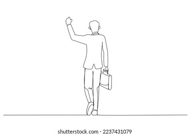 Drawing of businessman in suit holding fist in the air and celebrating, holding suitcase and walking. Single continuous line art style
