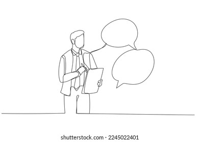 Drawing of businessman taking note in the meeting while listen to others information concept of minutes of meeting. Single continuous line art style