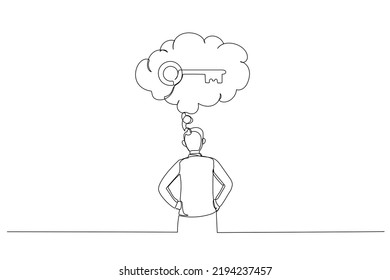 Drawing of businessman thinking about key to success. Single line art style