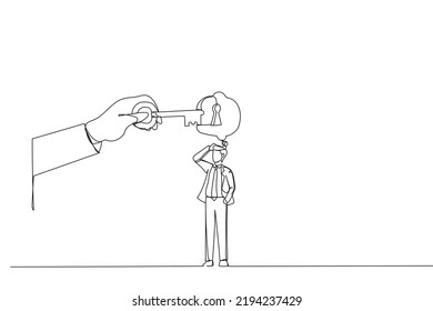 Drawing of businessman thinking with idea as a keyhole with helping hand holding the success key. Metaphor for find new ideas and free from mental block. Single continuous line art
