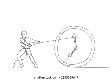 Drawing Of Businessman Trying To Slow Down And Stop Time. Stopping Time Metaphor. Single Line Art Style
