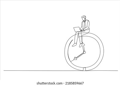 Dibujo de un hombre de negocios usando un ordenador portátil sentado a las 24 horas trabajando. Después del horario de trabajo, el concepto de horas extra tardías. Arte de línea continua simple
