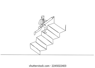 Zeichnen von Geschäftsmann mit Bleistift zu ziehen große Treppe zu klettern bis zum Erfolg Konzept der Ehrgeiz. Einzelreihenkunst
