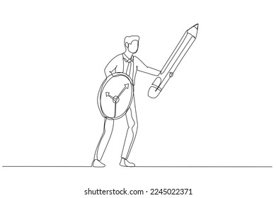 Drawing of businessman using pencil as sword and clock as shield concept of procrastination or time management. Continuous line art