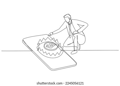 Drawing of businessman want want to snatch golden coin in mousetrap. Continuous line art style