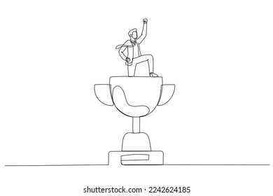 Drawing of businessman winner raising flag on winning trophy get victory. Continuous line art style