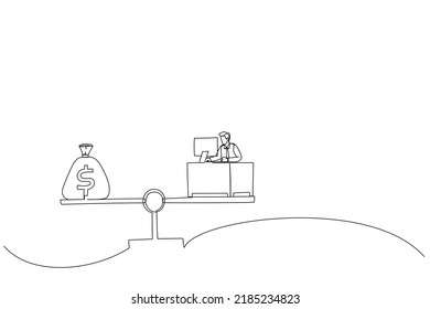 Drawing Of Businessman Working Hard On Busy Desk Seesaw Balance With Wages Money Bag. Work Hard For Money Or Incentive Motivate To Work Overtime Metaphor. Single Line Art Style
