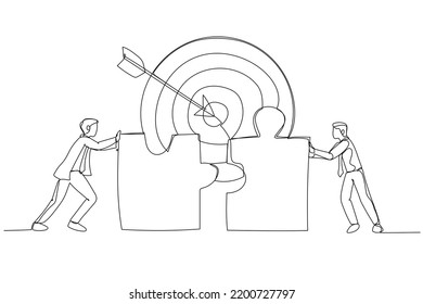 Drawing of businessmen connecting puzzle elements. Metaphor for teamwork success target achievement. Single line art style
