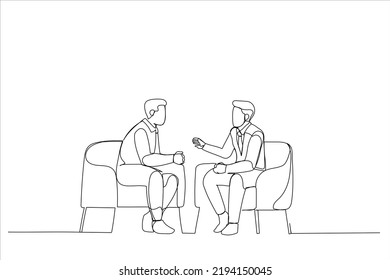 Dibujo de hombres de negocios discutiendo acuerdos, compartiendo ideas de inicio, negociaciones de socios de negocios o entrevistas de trabajo. Estilo de arte de una sola línea
