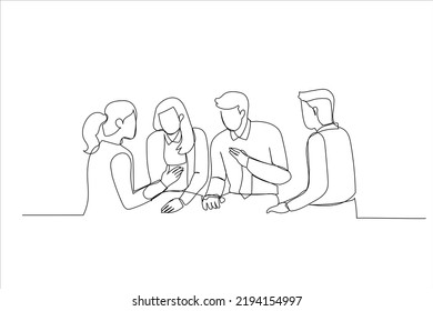 Drawing of businesspeople having meeting in office. Single line art style
