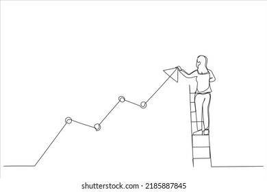 Drawing of Businesswoman drawing arrow line symbol. Business success and career growth. Single line art style
