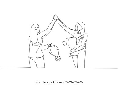Drawing of businesswoman celebrate victory hold cup metaphor of achievement. Single line art style