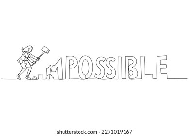 Drawing of businesswoman destroy impossible make it to possible. Concept of optimism. One continuous line art style