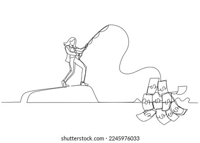 Drawing of businesswoman fishing money concept of seeking profit. Continuous line art
